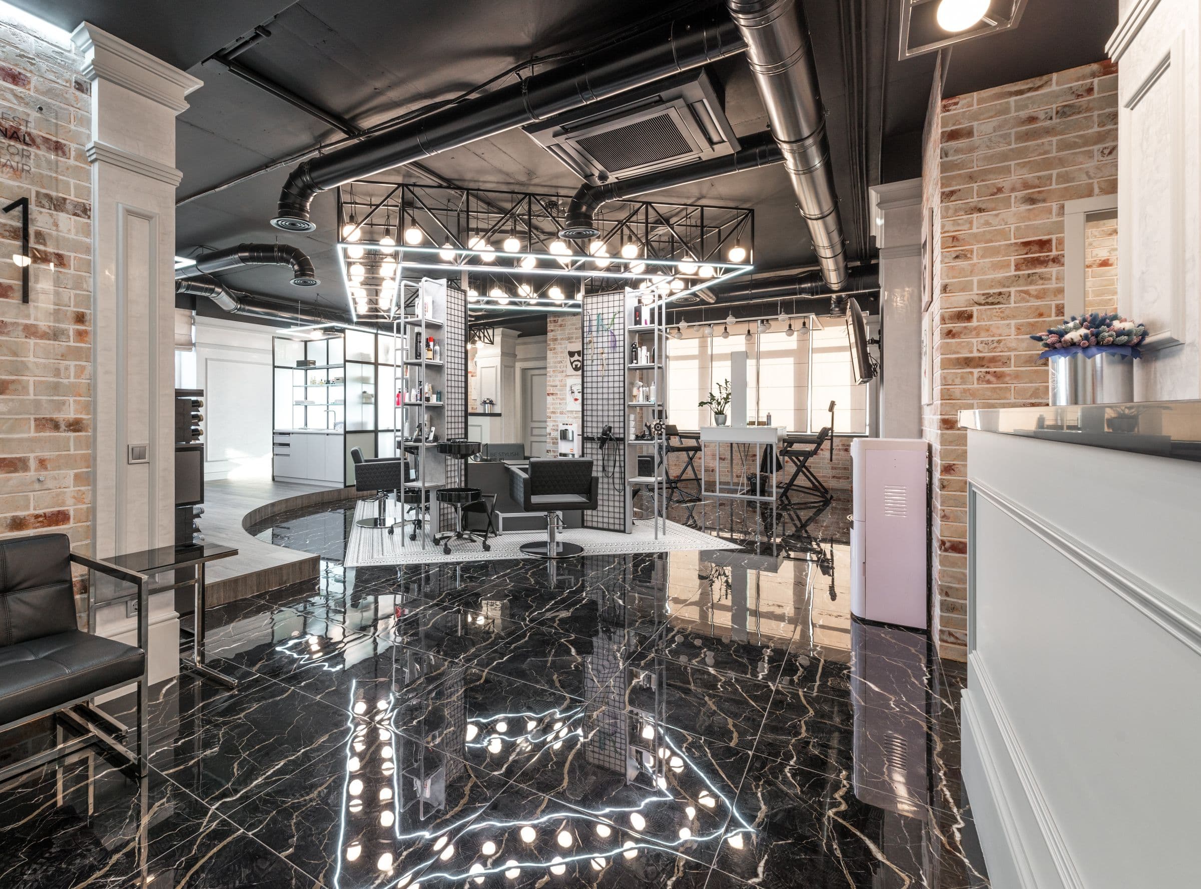 The styling floor at Megas Hair Salon in Coquitlam